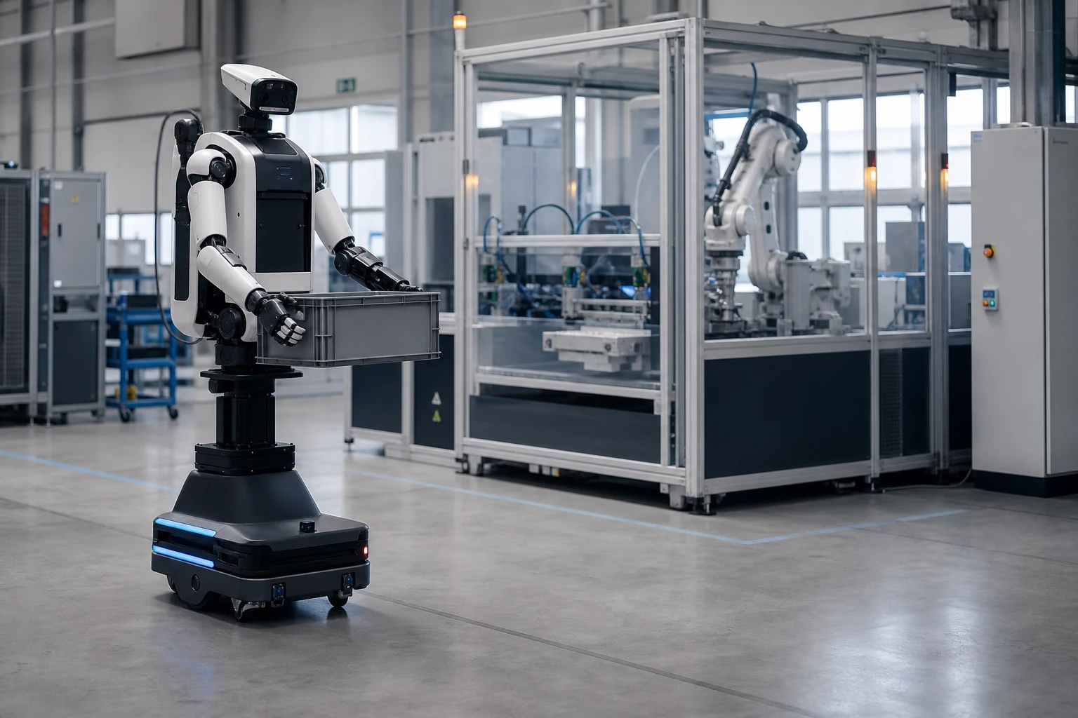 Mobiler humanoider Roboter in einer modernen industriellen Pilotanlage