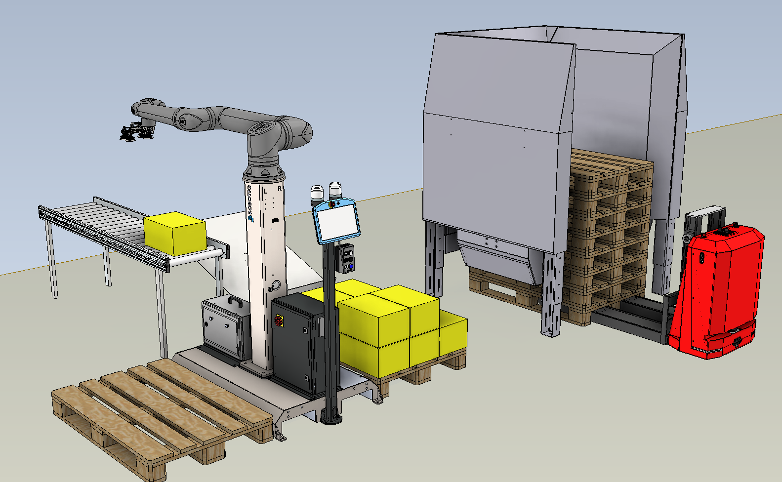 Projektvisualisierung für Palettierung und Materialfluss mit Roboter